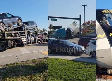 En video: Tren parte a la mitad camión con autos de lujo