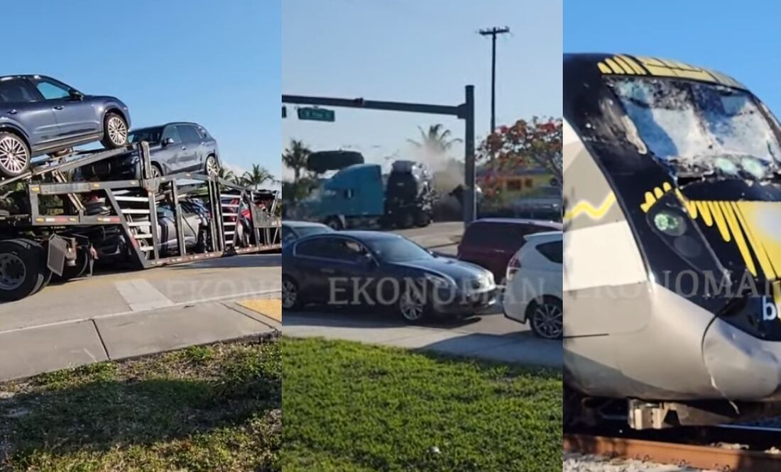 En video: Tren parte a la mitad camión con autos de lujo