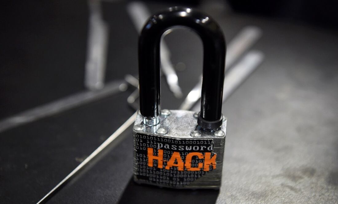 A padlock is displayed at the Alert Logic booth - Photo: David Becker/REUTERS