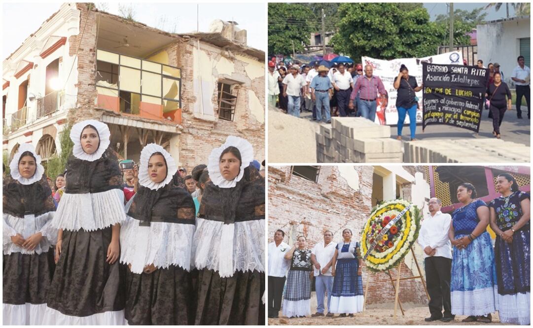 Con marchas, ofrendas florales y misas, damnificados y organizaciones civiles de Oaxaca y Chiapas pidieron a las autoridades acelerar la ayuda a las víctimas del temblor del 7 de septiembre de 2017. Foto: EDWIN HERNÁNDEZ