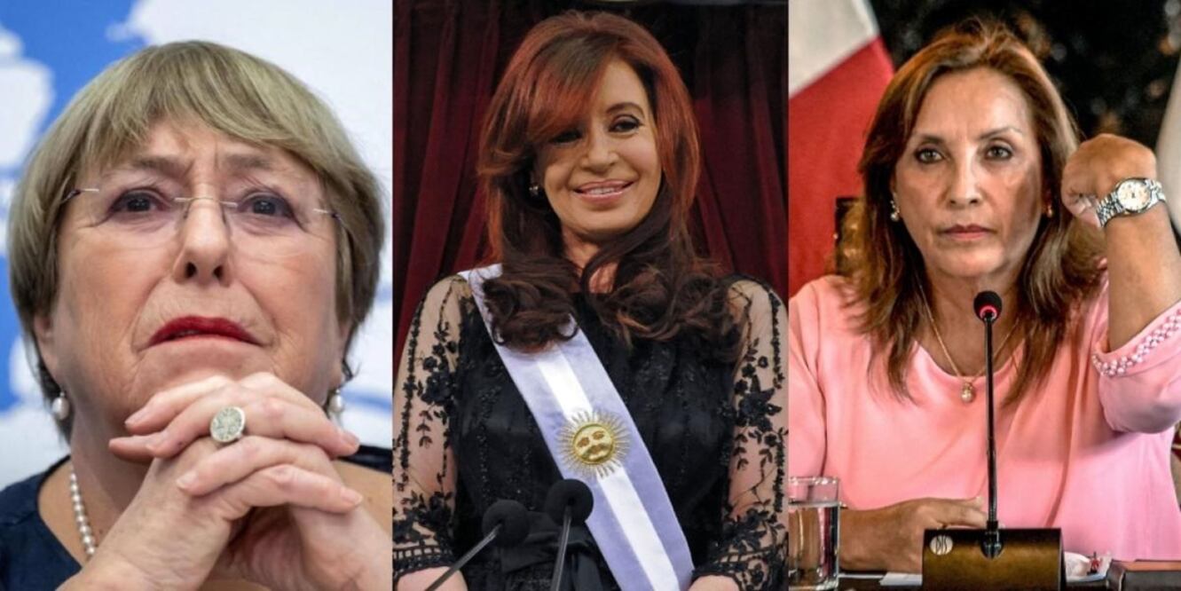 Michelle Bachelet (Chile), Cristina Fernández (Argentina) y Dina Boluarte (Perú). Foto: AFP y LA NACIÓN