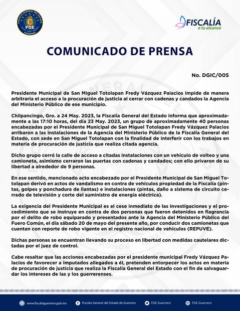 Fiscalía de Guerrero acusa a alcalde de San Miguel Totolapan