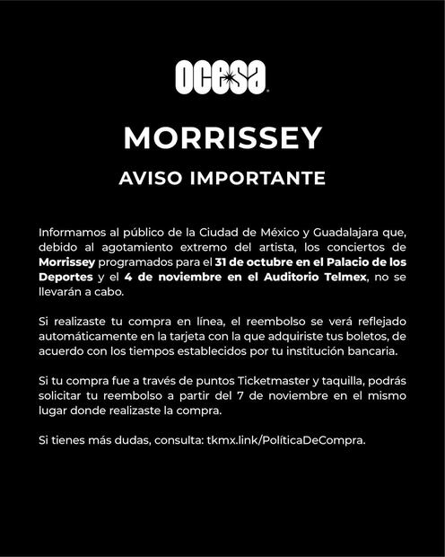 Morrissey cancela conciertos en CDMX y en Monterrey.
