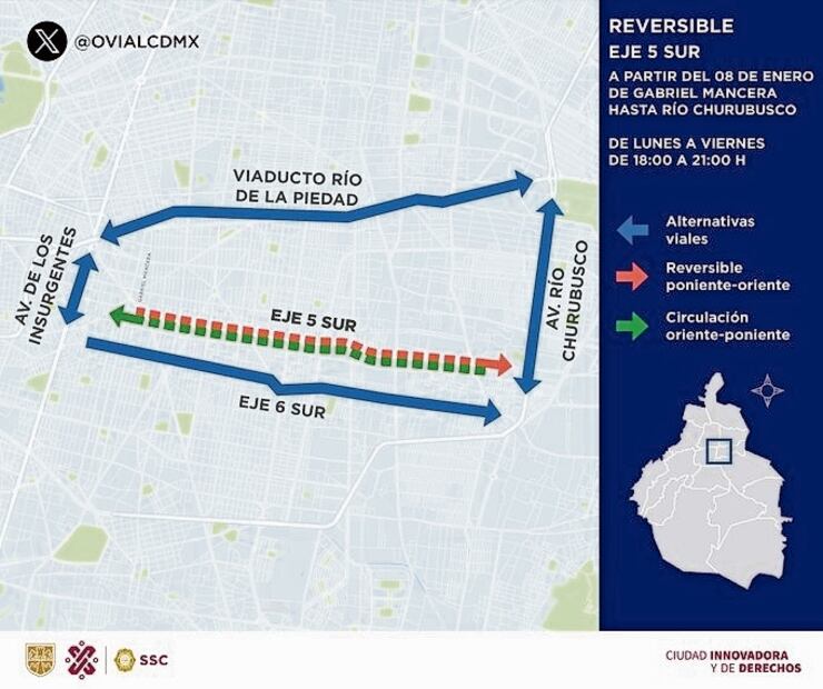 A partir de este lunes por la tarde, Eje 5 Sur será reversible