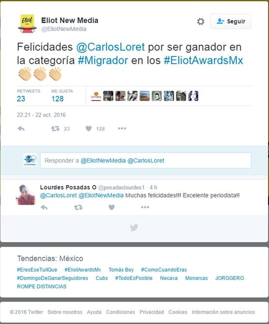 El concurso felicitó al periodista a través de Twitter (Romada de Twitter)
