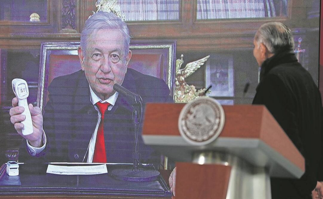 En la mañanera, el presidente López Obrador apareció vía remota y mostró que su tempertura era de 36.1 grados. Foto:Berenice Fregoso/ EL UNIVERSAL.