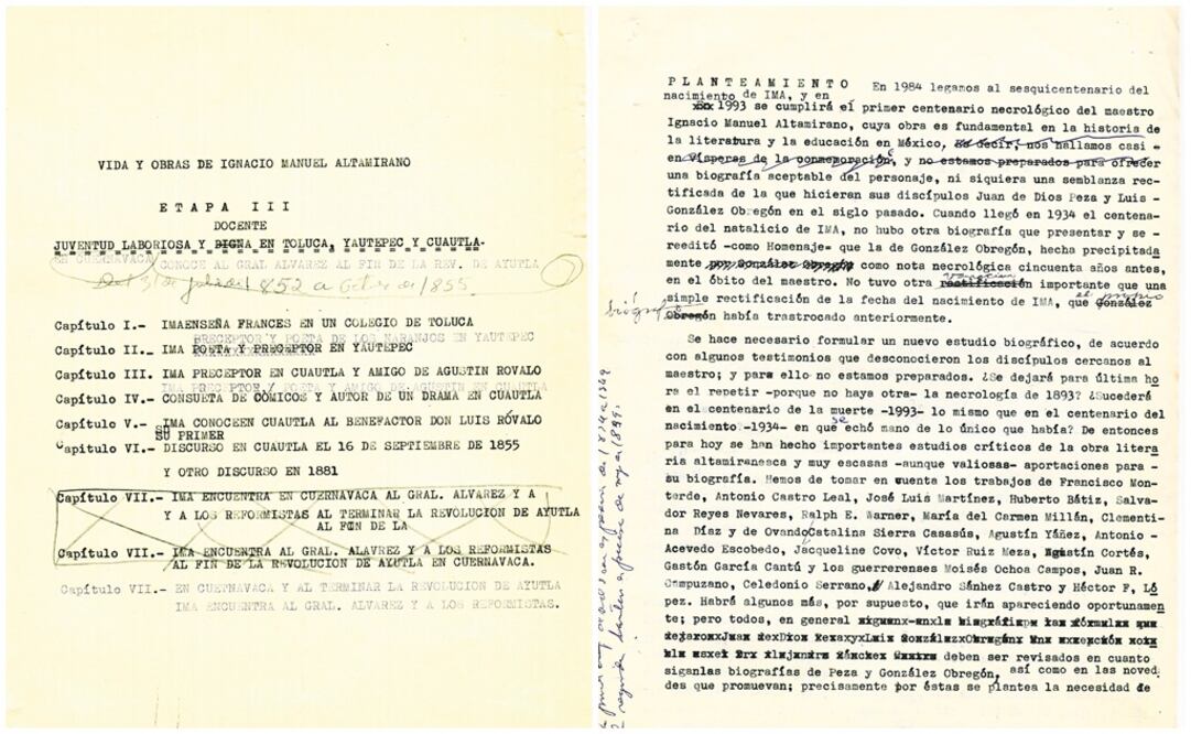 Páginas del borrador de la biografía de Ignacio Manuel Altamirano con anotaciones y agregados de Jesús Sotelo Inclán. Foto: CORTESÍA MARIO CASASÚS