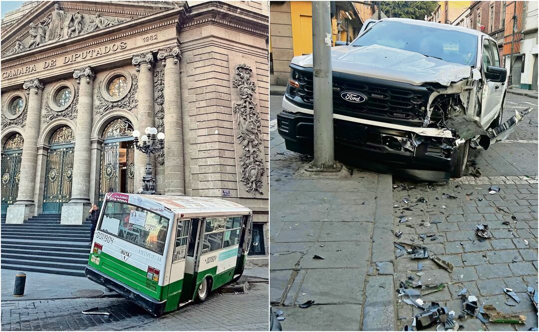 La camioneta donde iban los policías se estrelló con un poste y un microbús quedó arriba de la banqueta. FotoS: Berenice Fregoso / EL UNIVERSAL