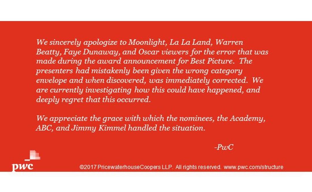 Disculpa de PwC. Foto: Tomada de Twitter