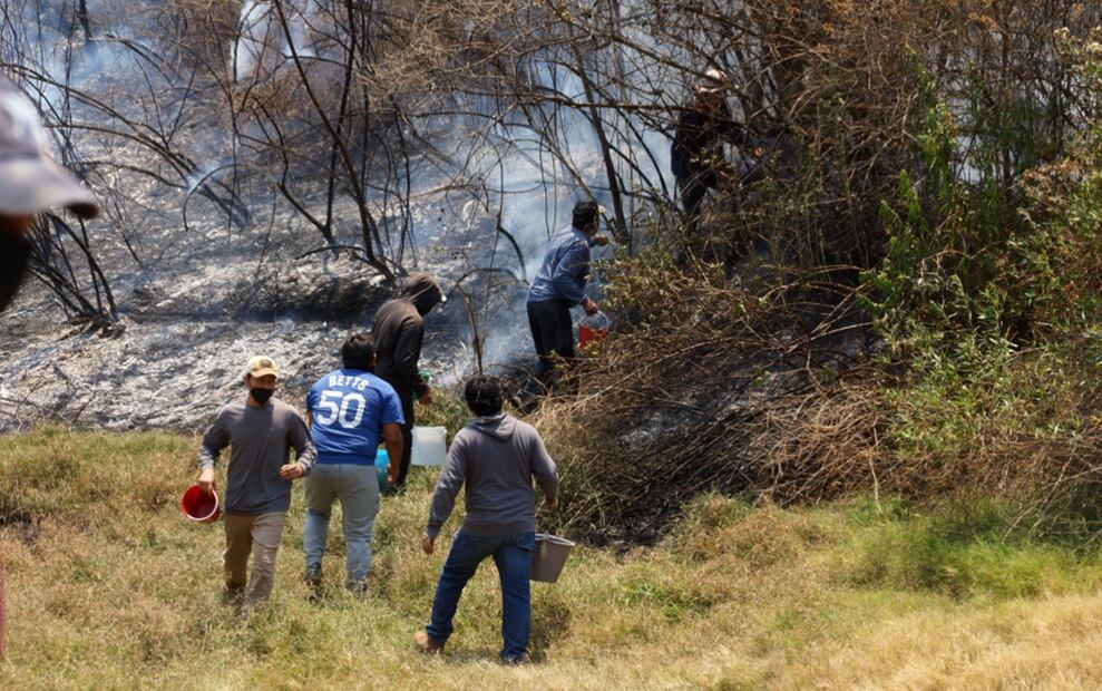 Pobladores intentan apagar un incendio forestal con cubetas de agua en Santo Domingo Tomaltepec, Oaxaca, el sábado 12 de abril de 2025. Foto: Edwin Hernández/EL UNIVERSAL