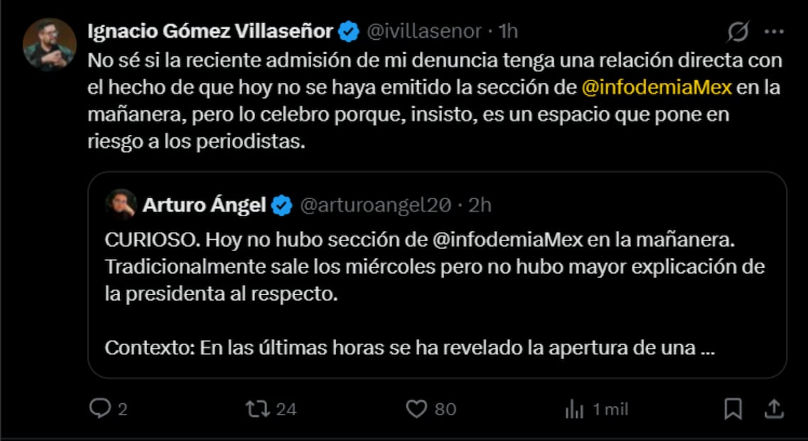 Publicación de Ignacio Gómez Villaseñor en X. Foto: captura de pantalla