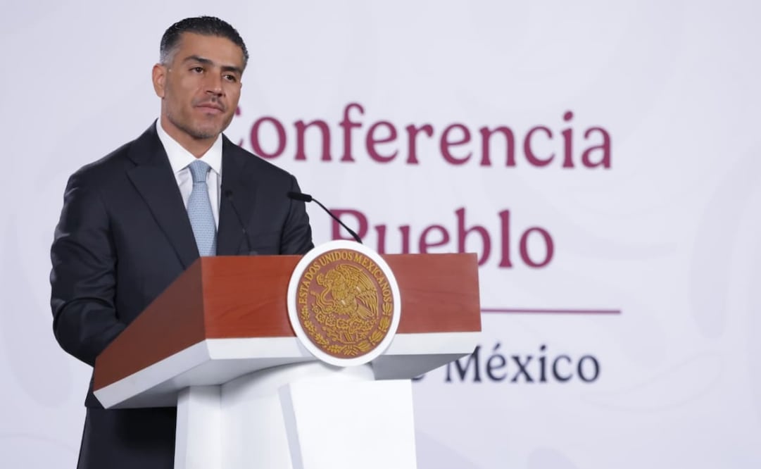 El secretario de Seguridad, Omar García Harfuch, en la “Mañanera del Pueblo” del 27 de mayo de 2026 en Palacio Nacional. Foto: Fernanda Rojas/ EL UNIVERSAL