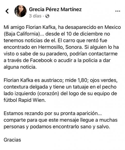 Austriaco desaparece en Sonora; piden ayuda en redes sociales para localizarlo