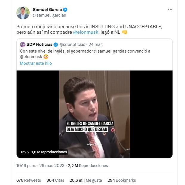 Samuel García envió un mensaje a sus seguidores mediante su perfil oficial. Foto: Captura de pantalla tomada de Twitter
