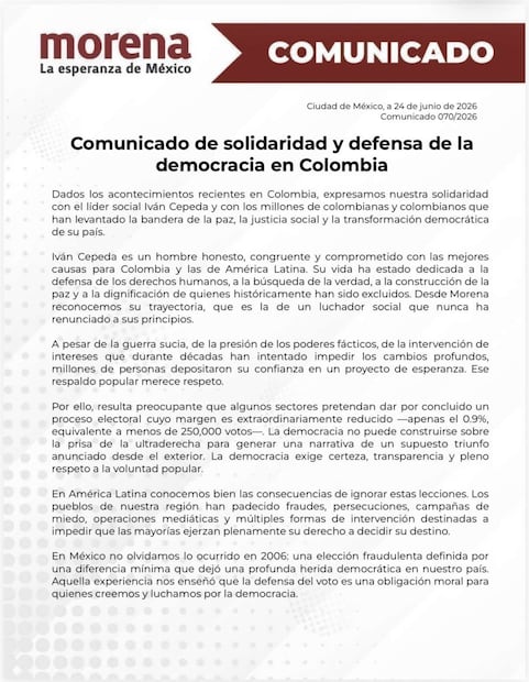 Comunicado de prensa de Morena sobre las elecciones presidenciales en Colombia. Foto: Morena