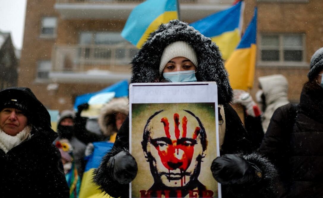 Protesta en Montreal, Canadá, contra invasión rusa en Ucrania. Foto: AFP