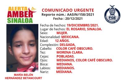 Activan la Alerta Amber por la desaparición de Maria Belén de 12 años en Culiacán