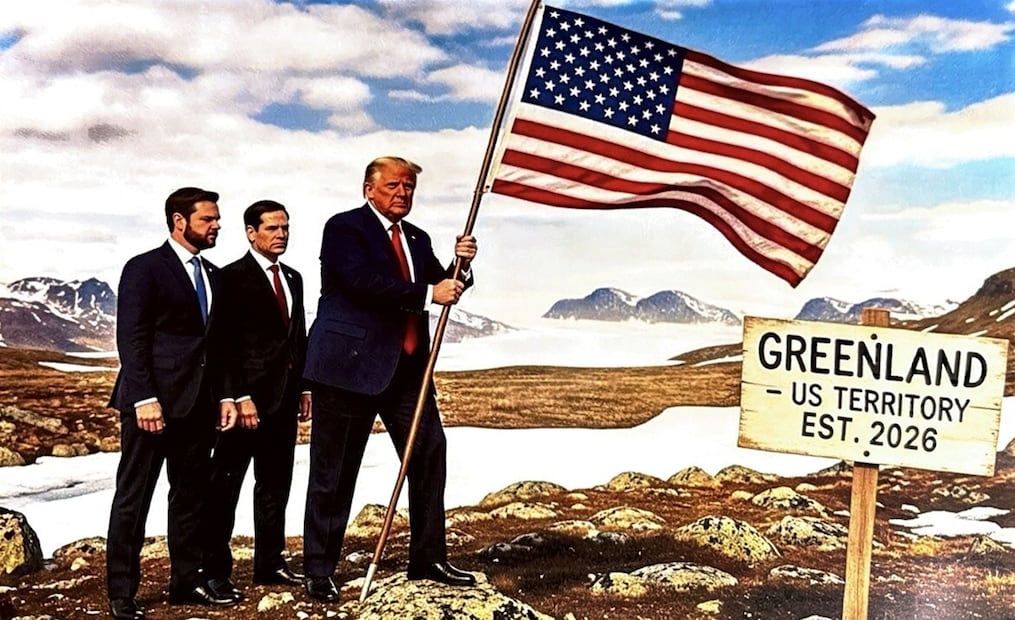 En una imagen generada por inteligencia artificial y colgada en su red, Truth Social, fue más allá al reflejar ya a esa isla como territorio estadounidense, con la bandera de las barras y estrellas plantada en su suelo rocoso. Foto: Vía @realDonaldTrump