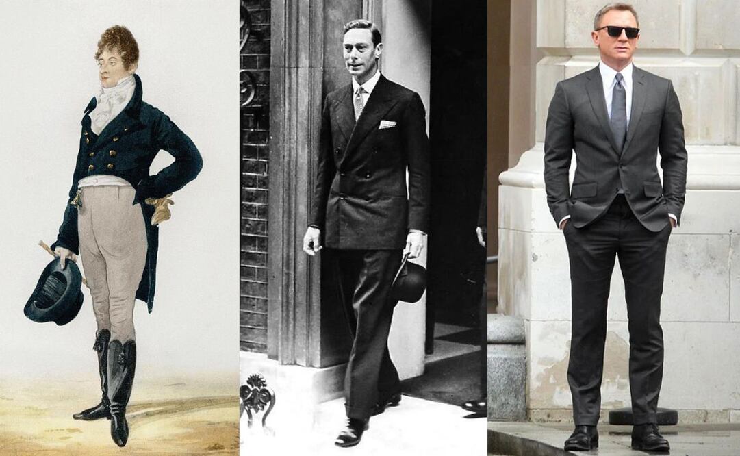 De izquierda a derecha, tres momentos de la moda británca con el socialité “Beau” Brumell, el rey Jorge VI y el actor Daniel Craig (James Bond). ESPECIAL.