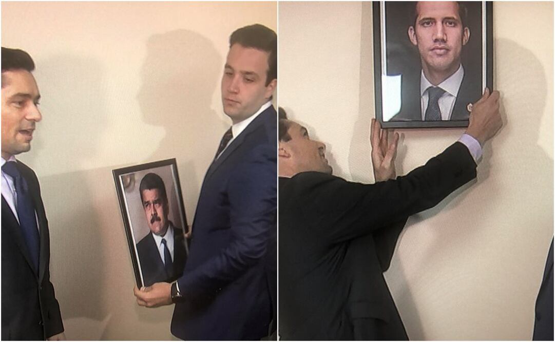 Enviados del líder opositor de Venezuela, Juan Guaidó, retiran imagen de Maduro y colocan una de Guaidó en sede en EU (Fotos: Reuters)
