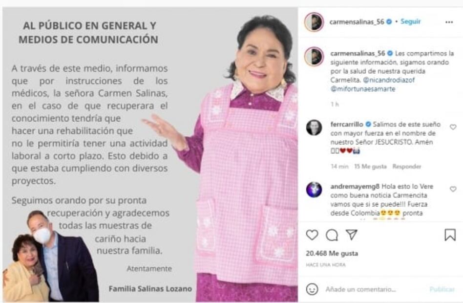 Carmen Salinas no podría realizar actividades laborales a corto plazo, informa su familia