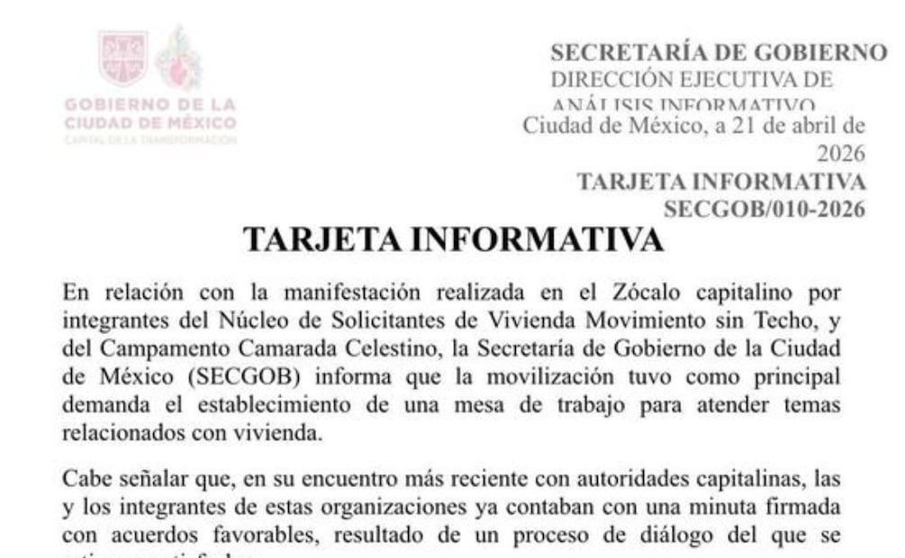 La Secretaría de Gobierno de la CDMX, emitió una tarjeta informativa, donde la principal demanda de la movilización fue “el establecimiento de una mesa de trabajo para atender temas relacionados con vivienda”. | Foto: Especial.