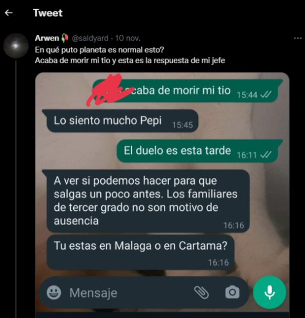 "No es motivo de ausencia", avisa de muerte de su tío y su jefe no lo deja ir al funeral