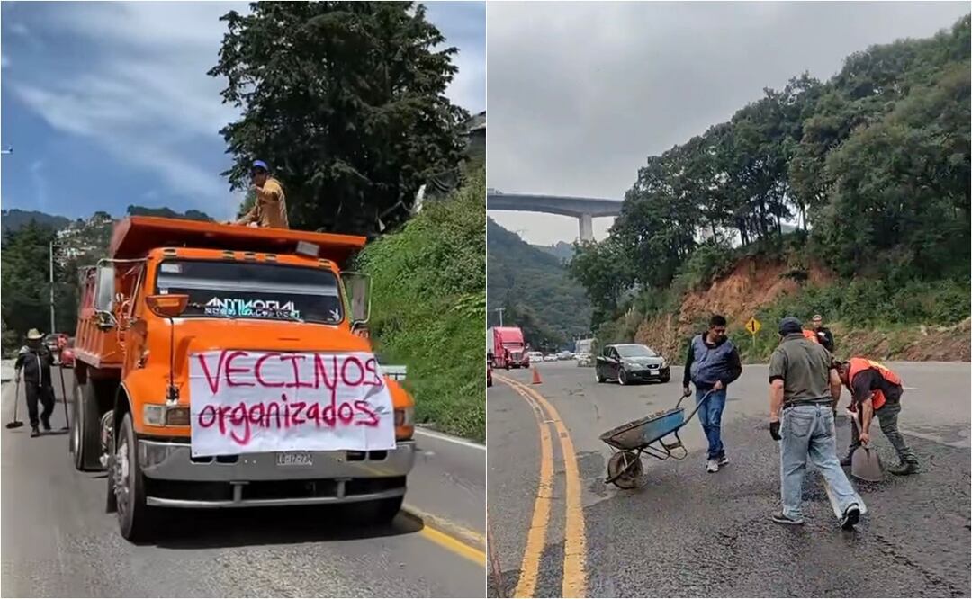 Vecinos de San Francisco Chimalpa se organizan para bachear la carretera Naucalpan-Toluca. Foto: Especial