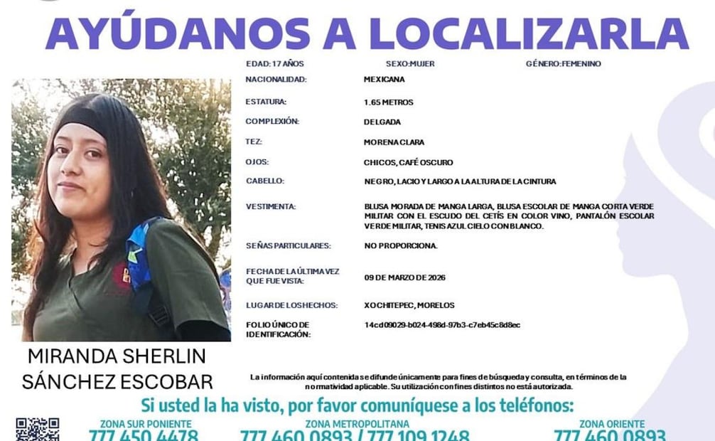 Ficha de búsqueda de Miranda Sherlin Sánchez Escobar, desaparecida en Morelos (10/03/2026). Foto: Especial