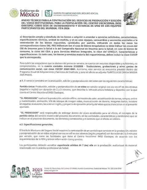El Seguro Social indica en su contrato que la empresa deberá describir detalladamente las características del Centro Vacacional Oaxtepec, en Morelos.