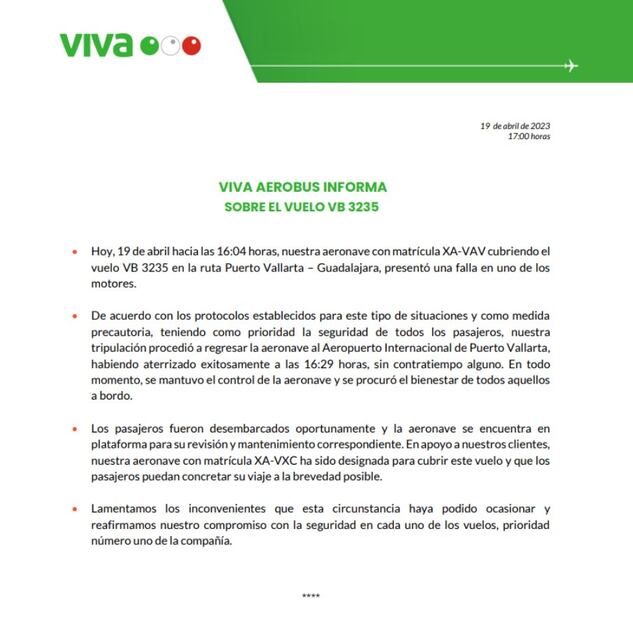 Comunicado Viva Aerobús sobre explosión de motor en avión de Puerto Vallarta a Guadalajara.