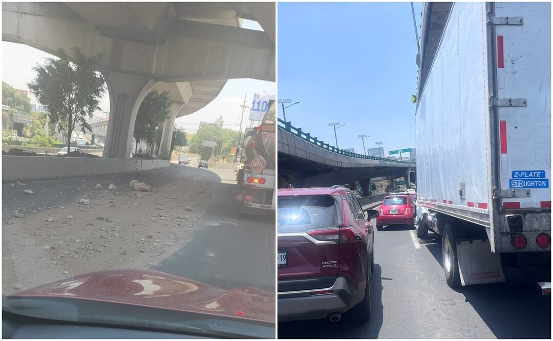 Un camión que transportaba arena tiró una parte de la carga, lo que obstruye uno de los carriles en dirección a Tepotzotlán ocasionando caos vial en la carretera México-Querétaro. Foto: Especial