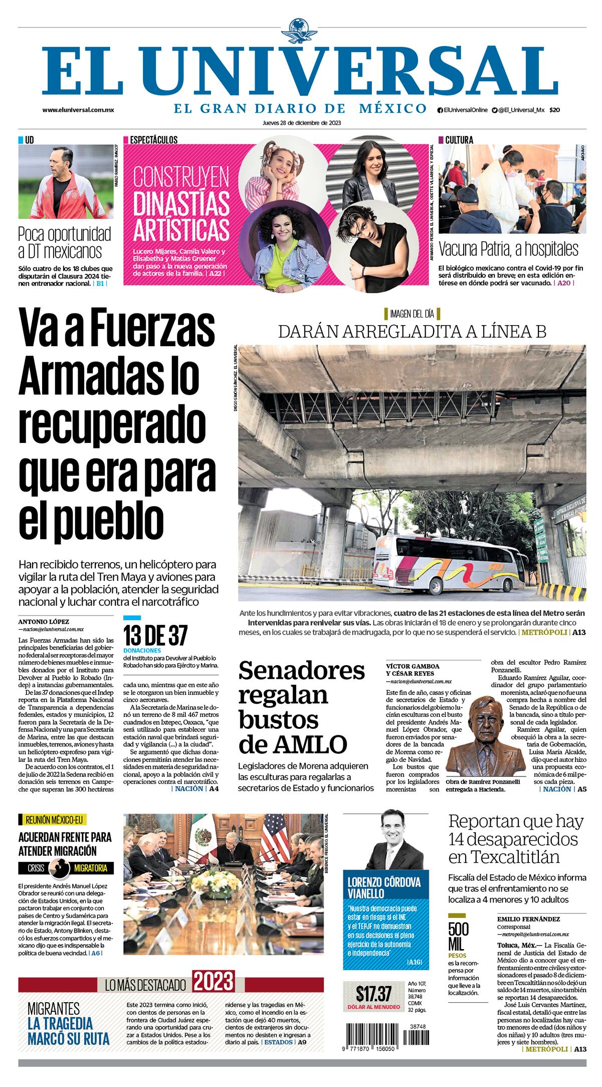 Portada impresa del 28 del diciembre del 2023