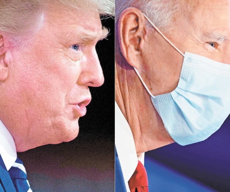 El presidente Donald Trump ayer durante un foro con NBC, en Miami, y el candidato demócrata Joe Biden, con ABC, en Philadelphia. Foto: Brendan Smialowski Y Jim Watson. AFP