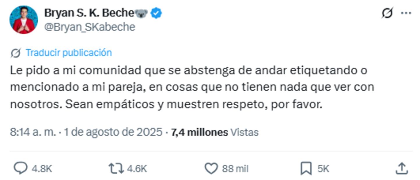 Byran Skabeche pidió a sus seguidores no involucrar a su actual pareja.