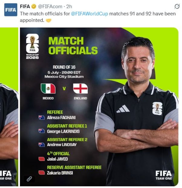 Árbitros para el México vs Inglaterra / Foto: @FIFAcom en X