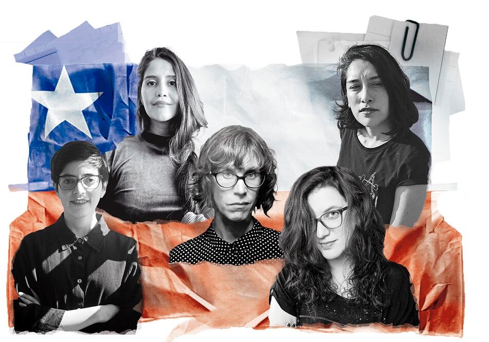 Las escritoras chilenas Alia Trabucco (izq.), Nona Fernández (al centro), María José Navía (izq. abajo), Daniela Catrileo y Arelis Uribe (der.). /Elaboración propia