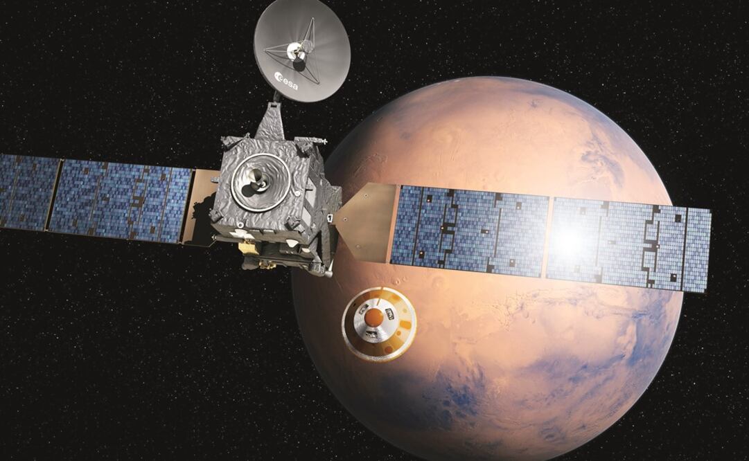 Interpretación artística proporcionada por la Agencia Espacial Europea, que muestra la separación del módulo ExoMars 2016 llamado Schiaparelli. Foto: AP / Archivo / EL UNIVERSAL