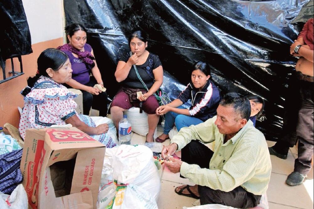Un grupo de tojolabales desplazados del ejido 20 de Noviembre instalaron chozas en los corredores de la alcaldía para pedir el regreso a sus hogares (ESPECIAL)