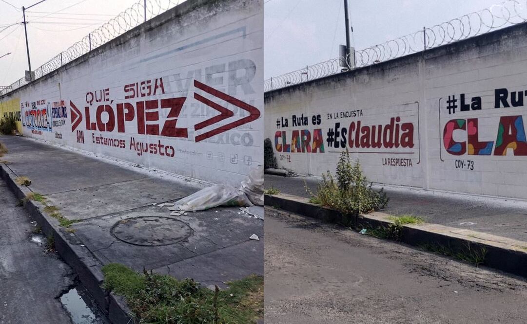 Fotografías de una misma barda, primero con la frase "Estamos Agusto" y después alusiva a Claudia Sheinbaum. Foto: Humberto Huerta/EL UNIVERSAL