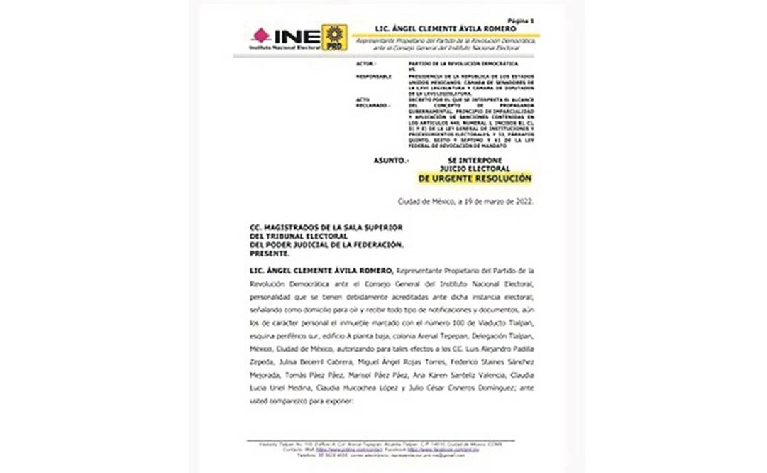 Escrito del representante del PRD ante el INE. Foto: Especial.
