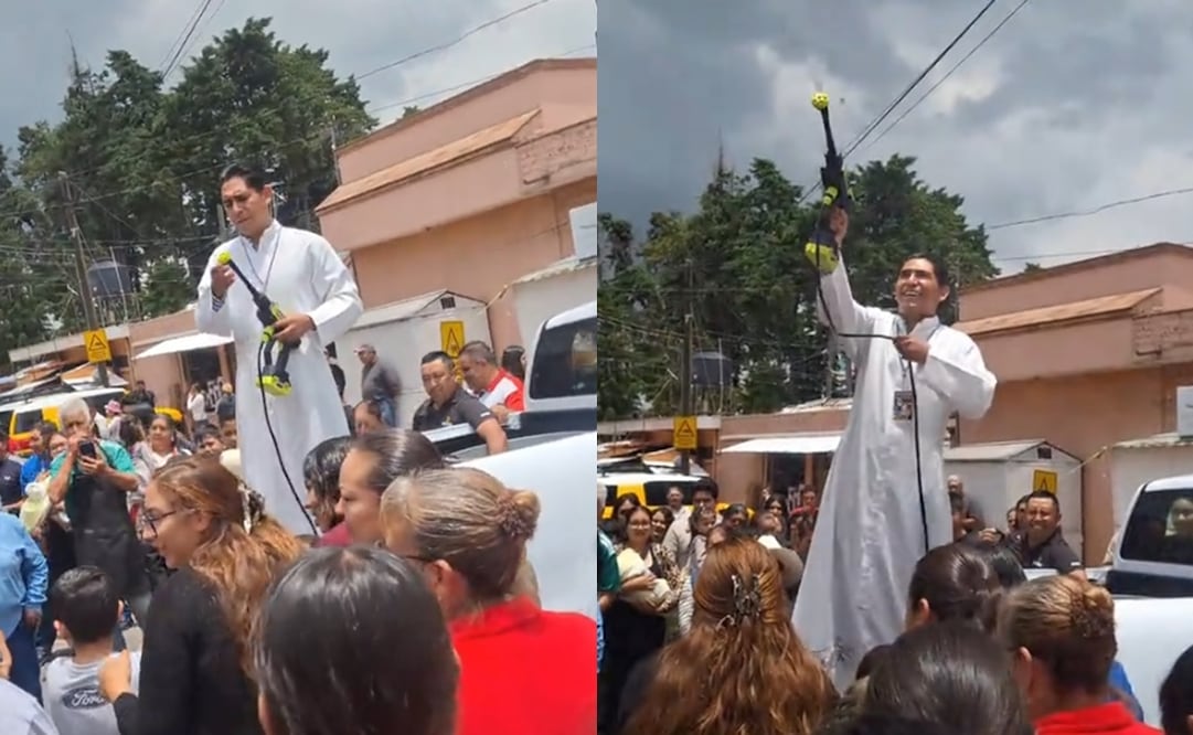 Sacerdote se vuelve viral al lanzar agua bendita con una hidrolavadora. Foto: Captura de video