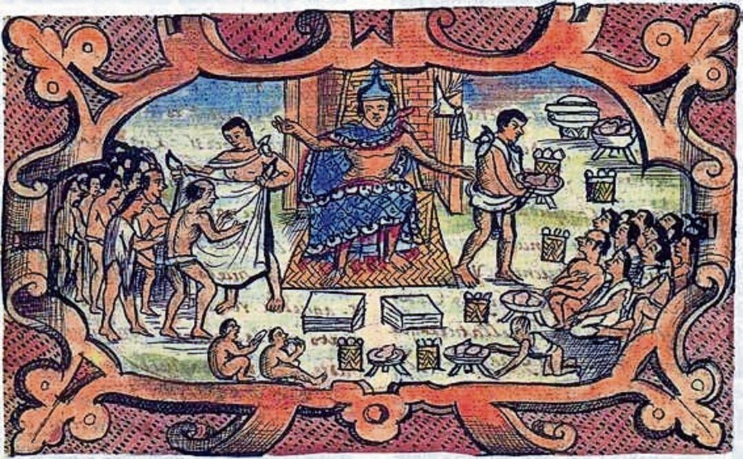 Moctezuma Ilhuicamina, quinto soberano de Tenochtitlan, distribuye alimentos y ropa entre su pueblo. Códice Durán. Digitalización: Editorial Raíces