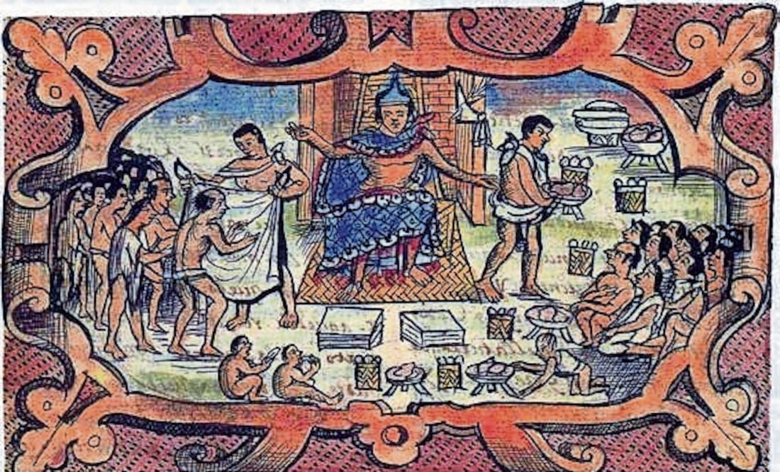 Moctezuma Ilhuicamina, quinto soberano de Tenochtitlan, distribuye alimentos y ropa entre su pueblo. Códice Durán. Digitalización: Editorial Raíces