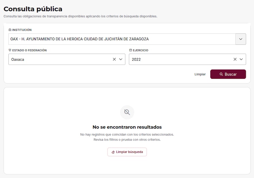 Resultados de información pública del municipio en la PNT correspondientes al ejercicio 2022. Foto: Captura de pantalla.