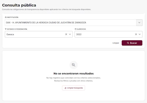 Resultados de información pública del municipio en la PNT correspondientes al ejercicio 2022. Foto: Captura de pantalla.
