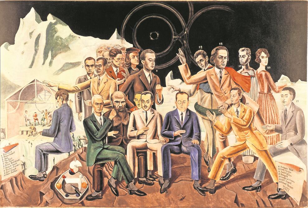 German school: Rendez-vous of Friends, Max Ernst, 1922. De izq. a der., René Crevel, Max Ernst, Dostoievsky, Théodore Fraenkel, Jean Paulhan, Benjamin Péret, Johannes Baargeld, Robert Desnos. De pie, Philippe Soupault, Jean Arp, Max Morise, Raphaël, Paul Éluard, Louis Aragon, André Breton, Giorgio de Chirico, Gala Éluard. Foto: Photo 12 vía AFP