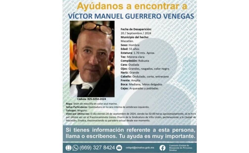Víctor Manuel Guerrero Venegas fue visto por última vez en la madrugada del día 20 de septiembre pasado. Foto: Especial