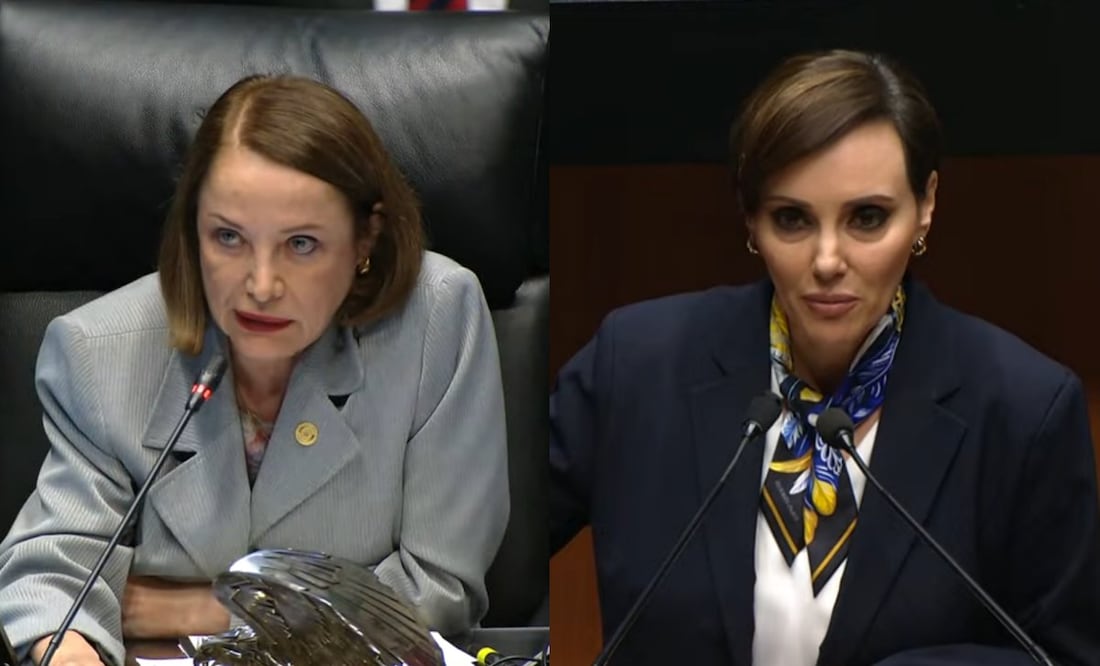 La presidenta de la Cámara alta, Laura Itzel Castillo, y la legisladora Lilly Téllez en sesión del Senado este martes 14 de octubre de 2025. Foto: Especial