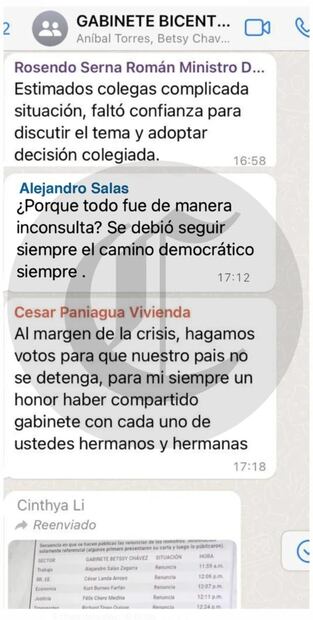 Revelan chat entre los ministros de Pedro Castillo antes y después del golpe de Estado